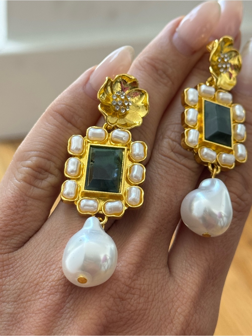 Vintage Gold Floral Earrings with Green Centerstones and White Pearls